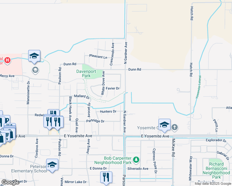 map of restaurants, bars, coffee shops, grocery stores, and more near 3914 Palmer Court in Merced