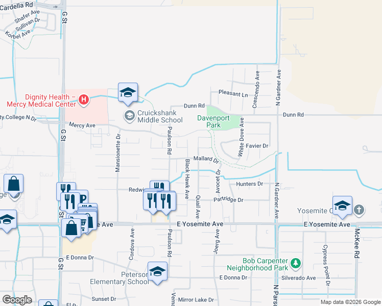 map of restaurants, bars, coffee shops, grocery stores, and more near 3922 Black Hawk Avenue in Merced