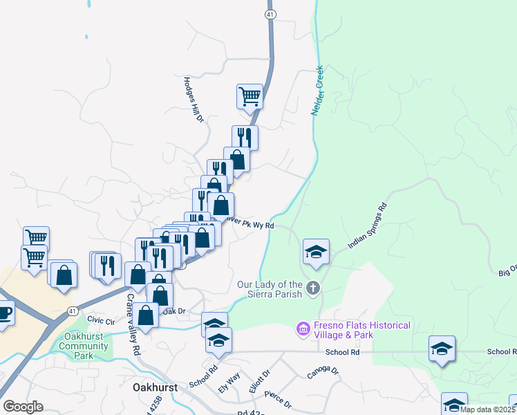map of restaurants, bars, coffee shops, grocery stores, and more near in Oakhurst