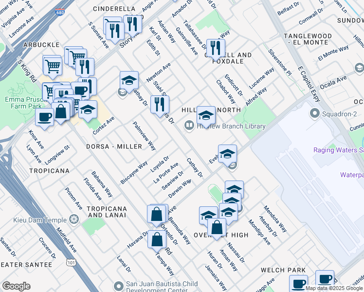 map of restaurants, bars, coffee shops, grocery stores, and more near 1694 Cathay Drive in San Jose