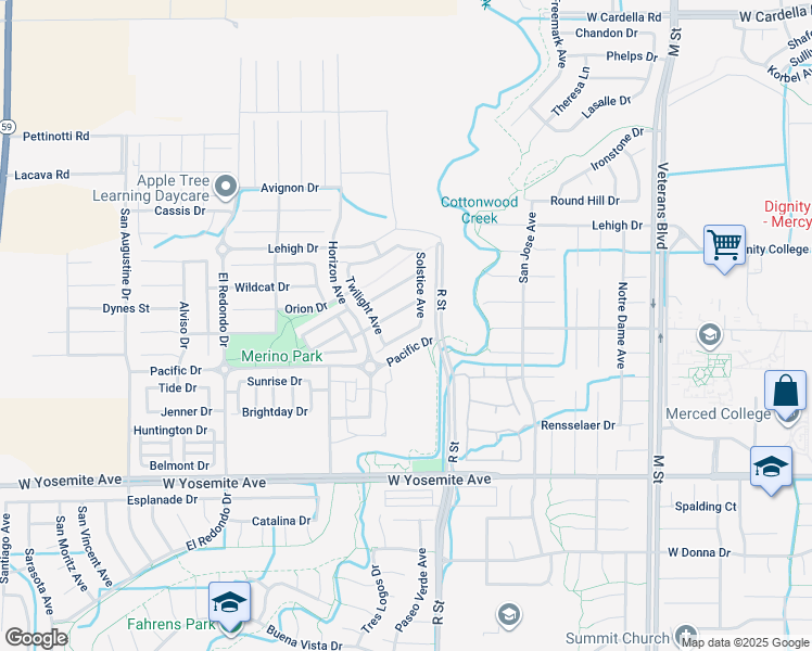 map of restaurants, bars, coffee shops, grocery stores, and more near 1133 Solstice Avenue in Merced