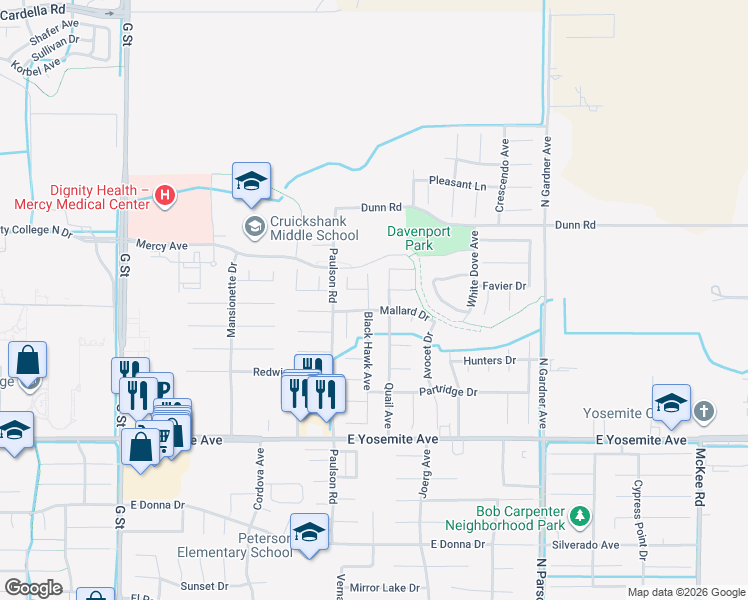 map of restaurants, bars, coffee shops, grocery stores, and more near 3922 Black Hawk Avenue in Merced