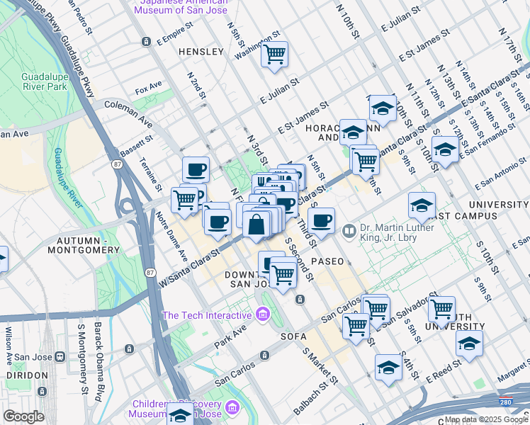 map of restaurants, bars, coffee shops, grocery stores, and more near in San Jose