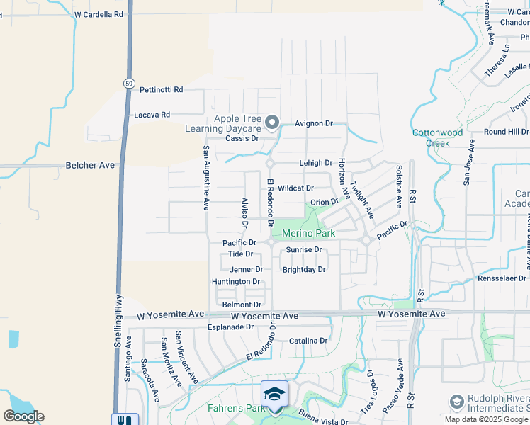 map of restaurants, bars, coffee shops, grocery stores, and more near 3836 Colma Avenue in Merced