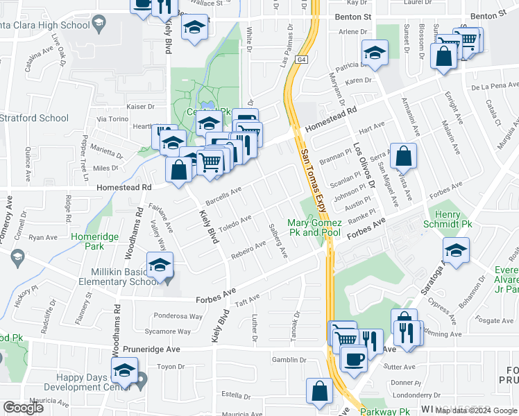 map of restaurants, bars, coffee shops, grocery stores, and more near in Santa Clara