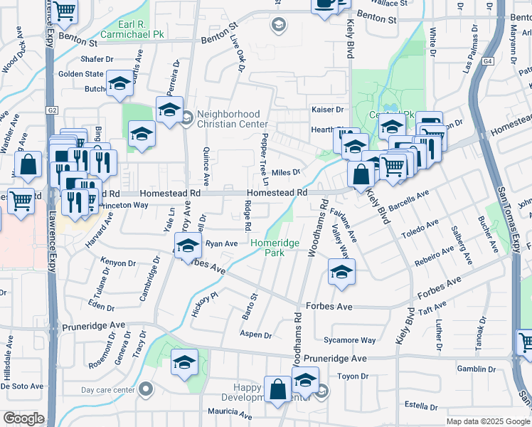 map of restaurants, bars, coffee shops, grocery stores, and more near 2973 Howell Avenue in Santa Clara