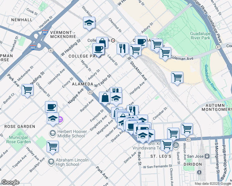 map of restaurants, bars, coffee shops, grocery stores, and more near 999 Schiele Avenue in San Jose