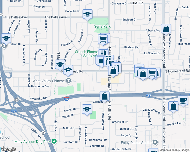 map of restaurants, bars, coffee shops, grocery stores, and more near 1721 Noranda Drive in Sunnyvale
