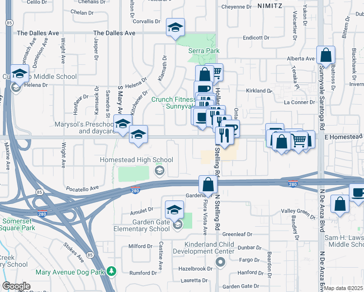 map of restaurants, bars, coffee shops, grocery stores, and more near 1721 Noranda Drive in Sunnyvale