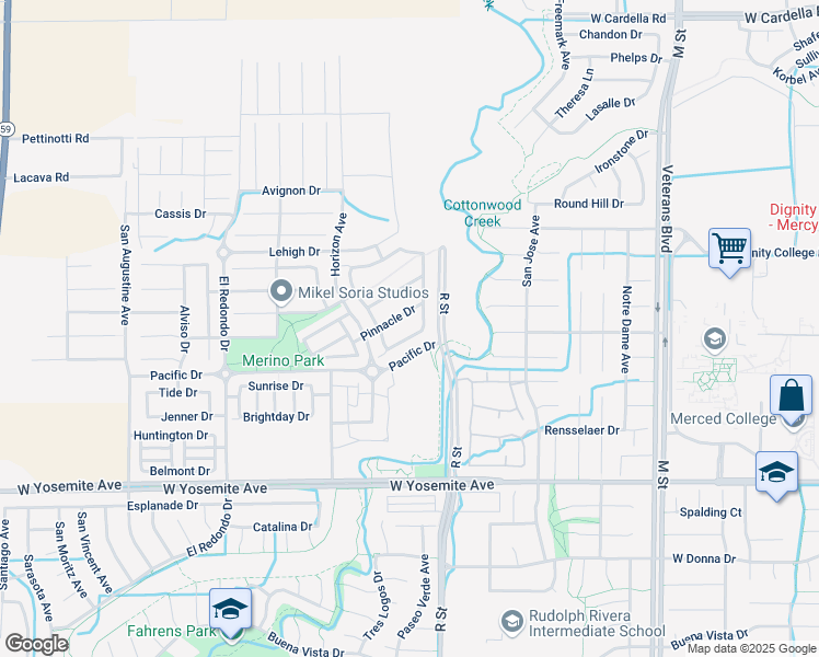 map of restaurants, bars, coffee shops, grocery stores, and more near 1133 Solstice Avenue in Merced