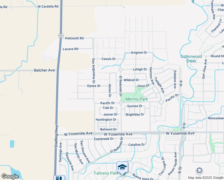 map of restaurants, bars, coffee shops, grocery stores, and more near 3908 Alviso Drive in Merced