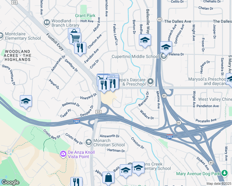 map of restaurants, bars, coffee shops, grocery stores, and more near 22330 Homestead Road in Cupertino