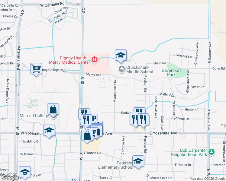 map of restaurants, bars, coffee shops, grocery stores, and more near 584 Bobolink Court in Merced