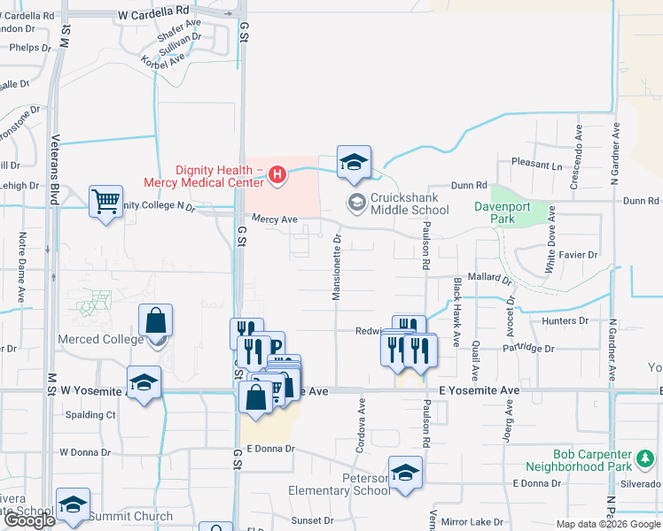 map of restaurants, bars, coffee shops, grocery stores, and more near 591 Bobolink Court in Merced