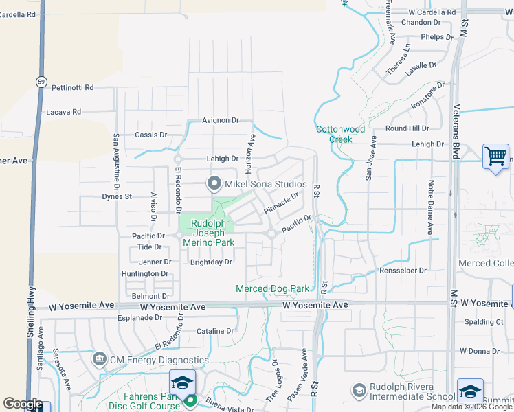 map of restaurants, bars, coffee shops, grocery stores, and more near 1216 Sunup Drive in Merced