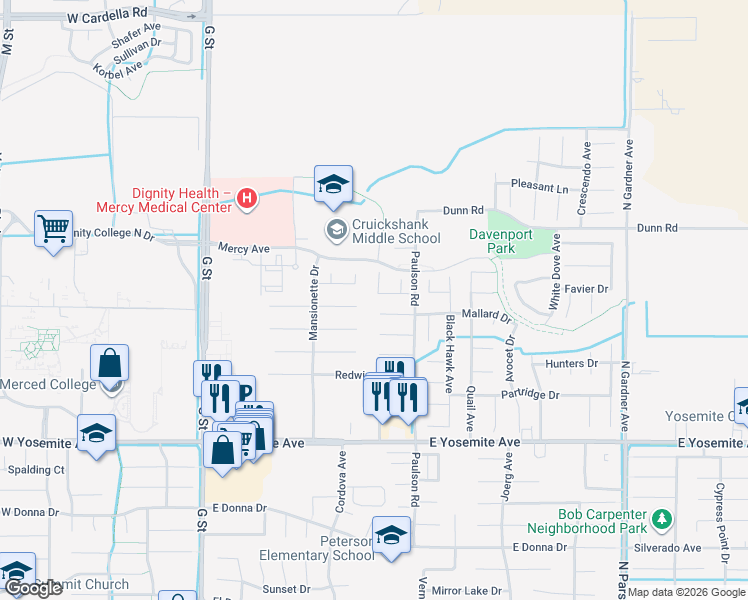 map of restaurants, bars, coffee shops, grocery stores, and more near 724 Robin Drive in Merced