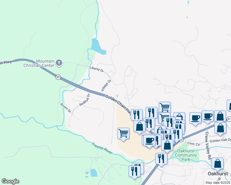 map of restaurants, bars, coffee shops, grocery stores, and more near 40163 California 49 in Oakhurst
