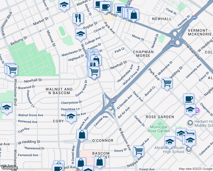 map of restaurants, bars, coffee shops, grocery stores, and more near 1220 North Bascom Avenue in San Jose
