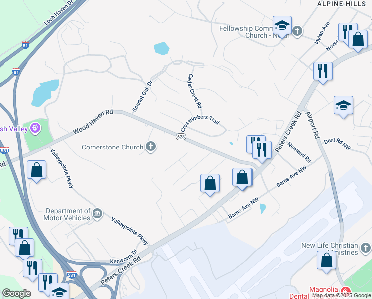 map of restaurants, bars, coffee shops, grocery stores, and more near 7026 Linn Drive in Hollins