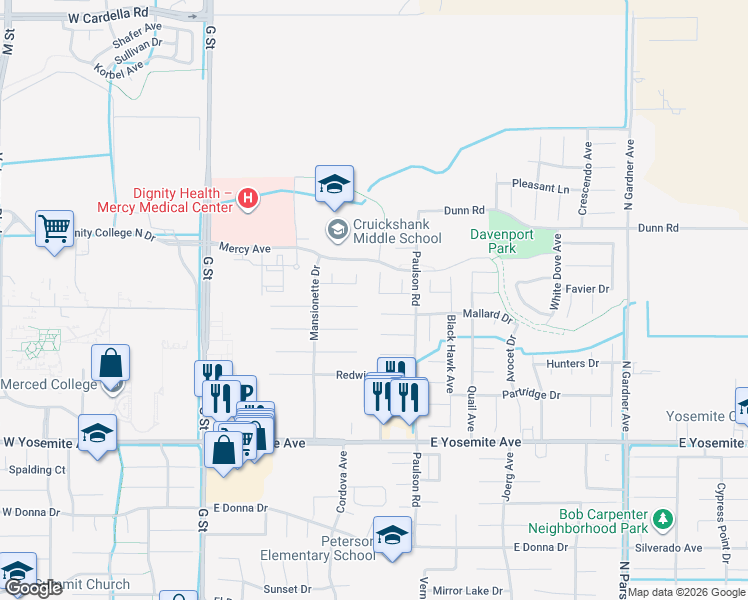 map of restaurants, bars, coffee shops, grocery stores, and more near 724 Robin Drive in Merced