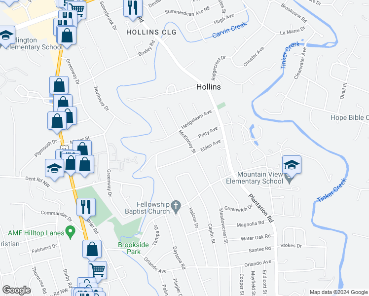 map of restaurants, bars, coffee shops, grocery stores, and more near 455 Petty Avenue in Roanoke