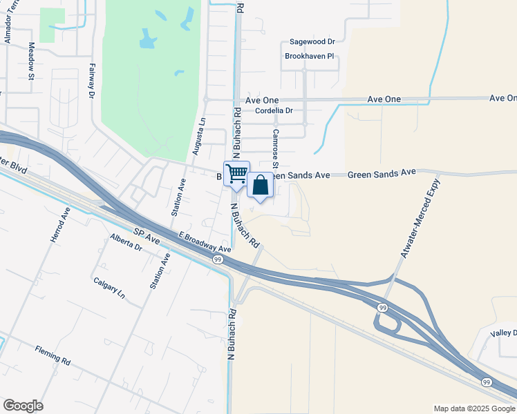 map of restaurants, bars, coffee shops, grocery stores, and more near 4910 Clover Avenue in Atwater