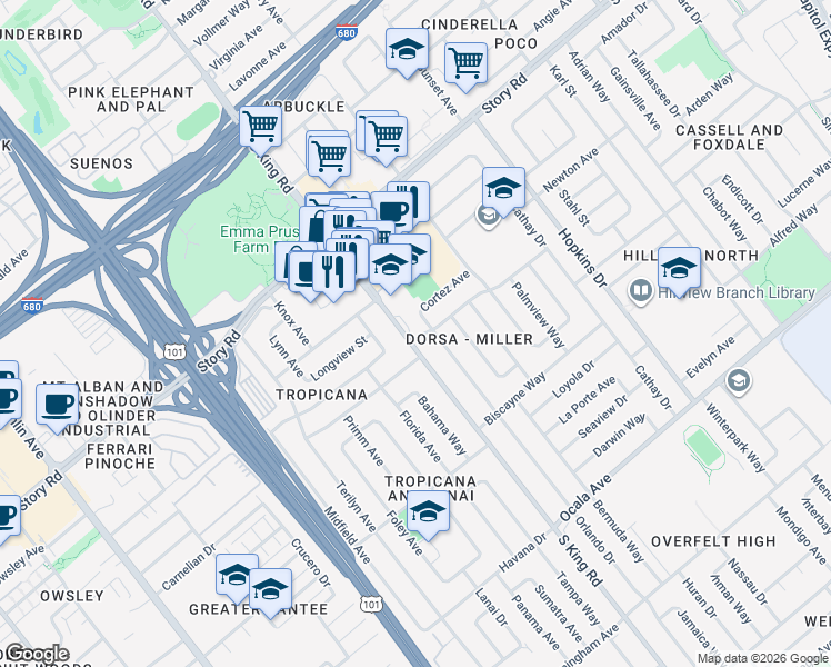 map of restaurants, bars, coffee shops, grocery stores, and more near 1694 Scotty Street in San Jose