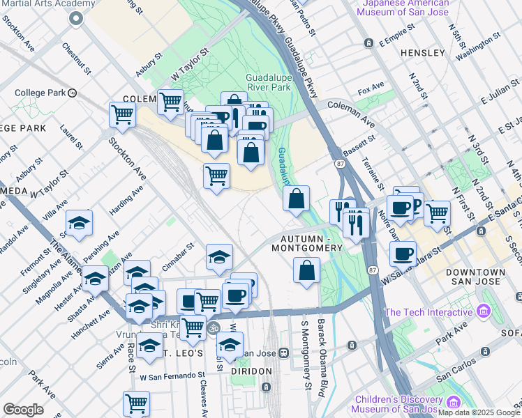 map of restaurants, bars, coffee shops, grocery stores, and more near 355 North Autumn Street in San Jose