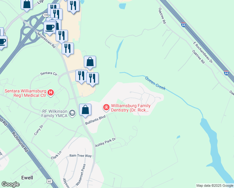map of restaurants, bars, coffee shops, grocery stores, and more near 401 Bulifants Boulevard in Williamsburg