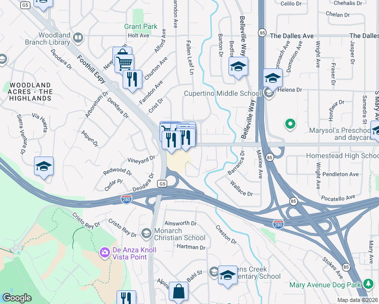 map of restaurants, bars, coffee shops, grocery stores, and more near 22330 Homestead Road in Cupertino