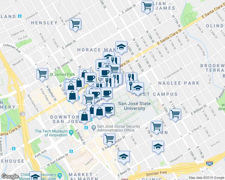 map of restaurants, bars, coffee shops, grocery stores, and more near in San Jose