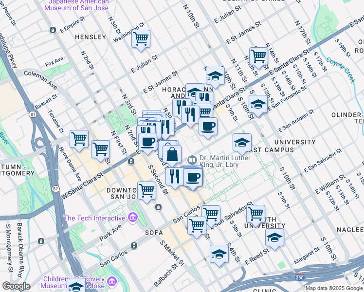 map of restaurants, bars, coffee shops, grocery stores, and more near 195 East San Fernando Street in San Jose