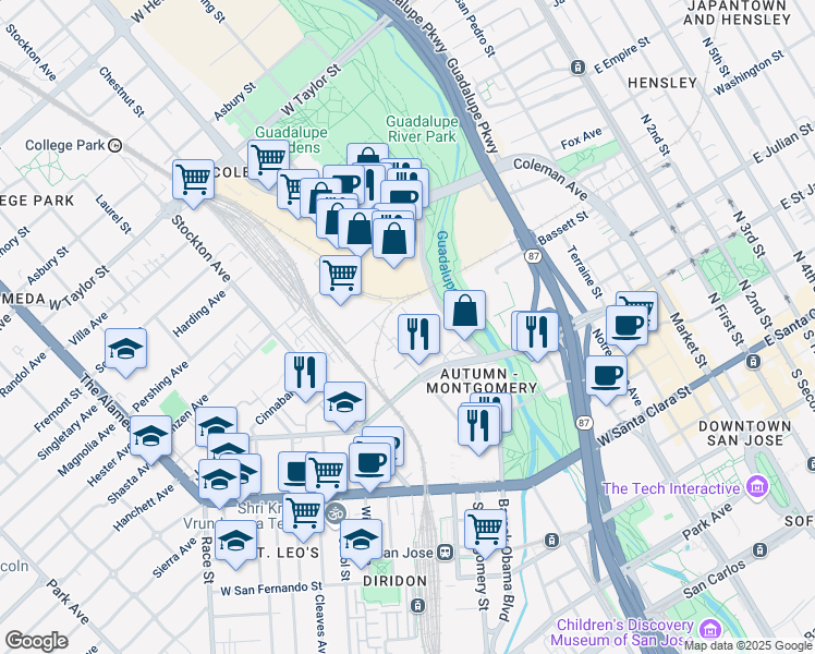 map of restaurants, bars, coffee shops, grocery stores, and more near 332 North Montgomery Street in San Jose
