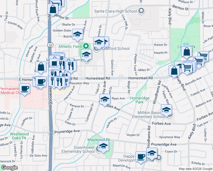map of restaurants, bars, coffee shops, grocery stores, and more near 755 Pomeroy Avenue in Santa Clara