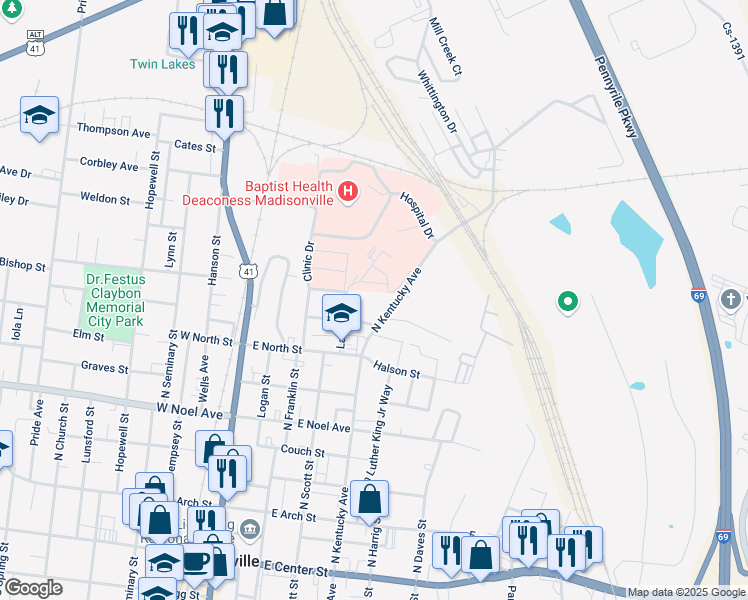 map of restaurants, bars, coffee shops, grocery stores, and more near 569-593 North Kentucky Avenue in Madisonville
