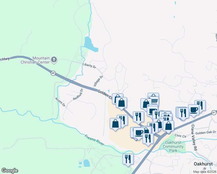 map of restaurants, bars, coffee shops, grocery stores, and more near 40163 California 49 in Oakhurst