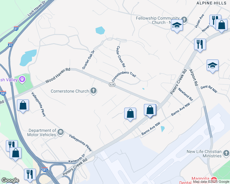 map of restaurants, bars, coffee shops, grocery stores, and more near 7026 Linn Drive in Hollins