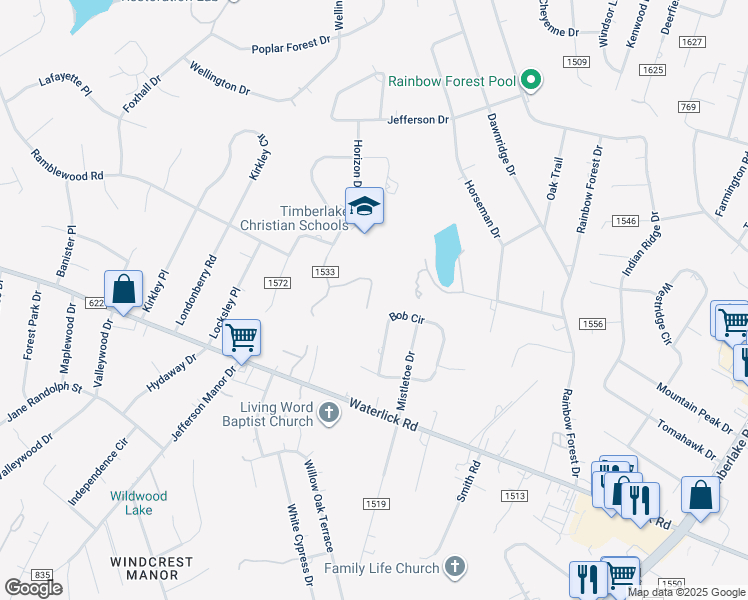 map of restaurants, bars, coffee shops, grocery stores, and more near 104 Underwood Lane in Forest