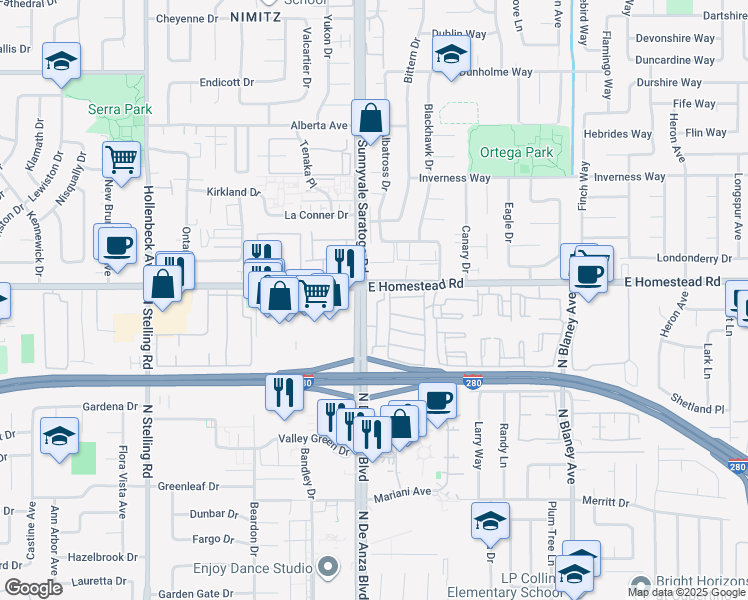map of restaurants, bars, coffee shops, grocery stores, and more near 10931 North De Anza Boulevard in Cupertino