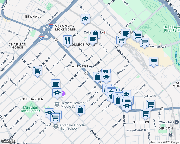 map of restaurants, bars, coffee shops, grocery stores, and more near 1655 The Alameda in San Jose