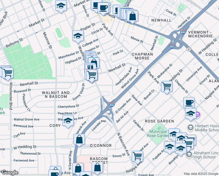 map of restaurants, bars, coffee shops, grocery stores, and more near 1765 Walnut Grove Avenue in San Jose