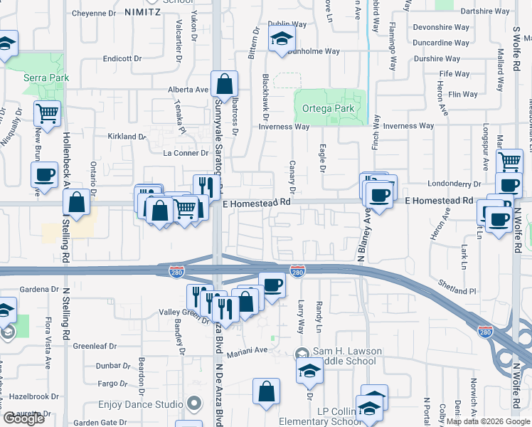map of restaurants, bars, coffee shops, grocery stores, and more near 10946 Vía Sorrento in Cupertino