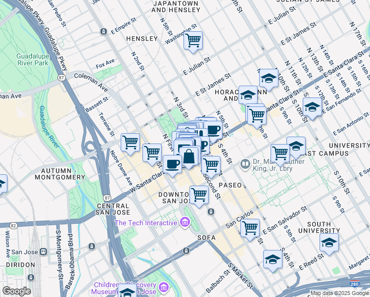 map of restaurants, bars, coffee shops, grocery stores, and more near in San Jose