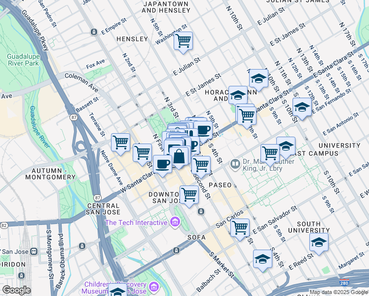 map of restaurants, bars, coffee shops, grocery stores, and more near 31a East Santa Clara Street in San Jose