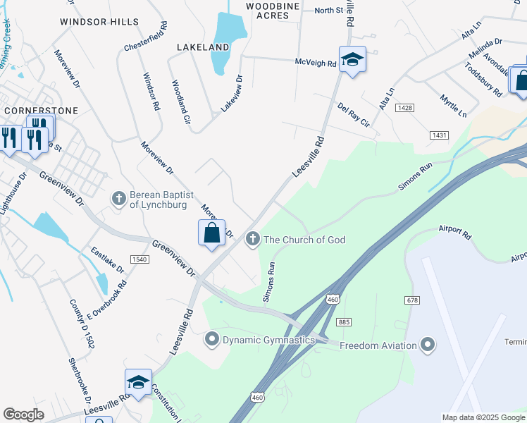 map of restaurants, bars, coffee shops, grocery stores, and more near Leesville Road in Lynchburg