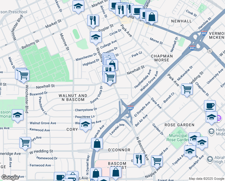 map of restaurants, bars, coffee shops, grocery stores, and more near 2012 Heatherdale Avenue in San Jose