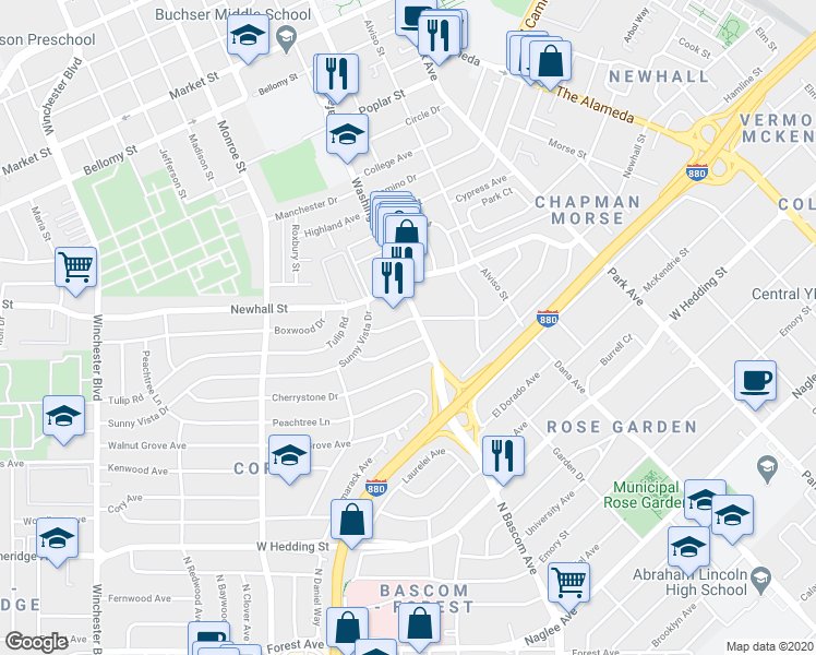 map of restaurants, bars, coffee shops, grocery stores, and more near 2012 Heatherdale Avenue in San Jose