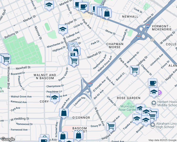 map of restaurants, bars, coffee shops, grocery stores, and more near 1765 Walnut Grove Avenue in San Jose