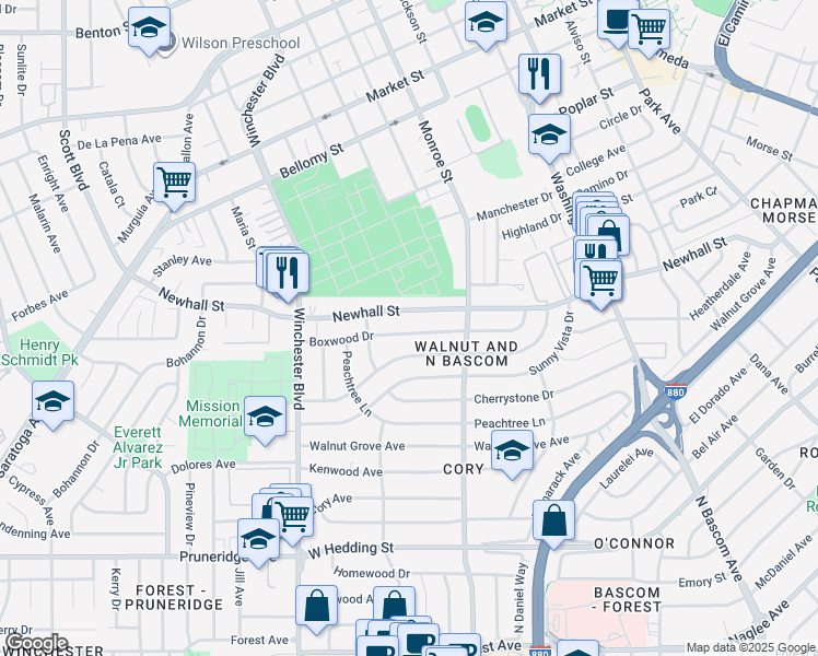 map of restaurants, bars, coffee shops, grocery stores, and more near 2349 Tulip Road in San Jose