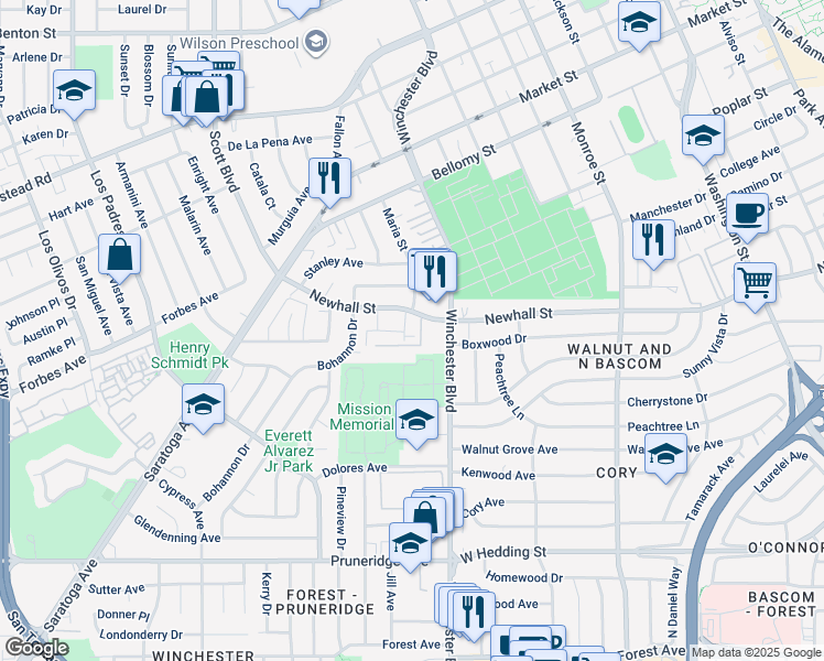 map of restaurants, bars, coffee shops, grocery stores, and more near 440 North Winchester Boulevard in Santa Clara
